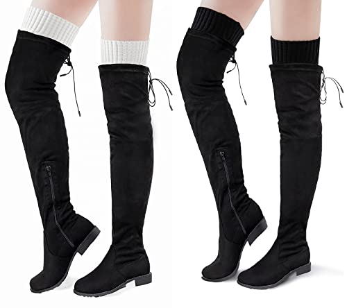 Pcavin Thigh High Socks for Women Cable Knit Over the Knee Boot Socks, Long Warm Leg Warmers Winter(Whit&Black)2
