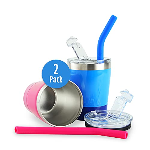 Colorful Straw Cups With Lids, Pack Of 2, K Kichuzl Dual Colors Toddler Cup Set Stainless Steel Mugs With Lids And Straws (Rose/Blue) #TOP2