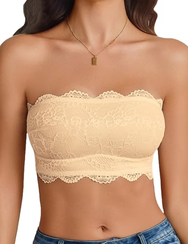 Showyoo Strapless Bra Womens Lace Bra Wireless Bandeau No Slip Silicone Grip Everyday Bra Lingerie Beige