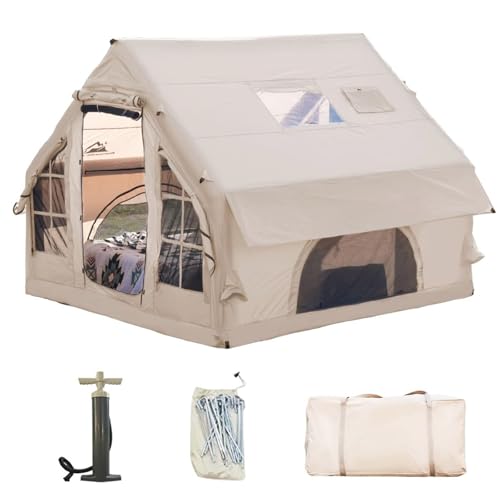 Romantic Camp Inflatable Camping Tent with Pump,4-6 Person Waterproof Blow Up Air Tent for Camping Hiking,Easy to Set Up 4-Season Inflatable House Tent with Oversized Canopy(75FT²).