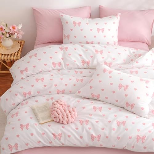 Image of Bow Duvet Cover Twin Size Pink Bows Heart Bedding Set Kids Boys Girls Love Heart Bowknot Soft Breathable Microfiber Comforter Cover Set with Zipper Closure and 1 Pillowcase (No Comforter)