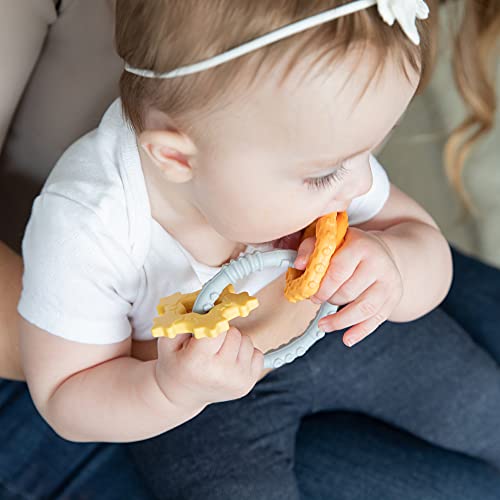 Image of Bumkins Baby Teething Freezer Toy Keys Rings, Soft Flexible Pacifier to Chew, Cool Teether Gum Relief, Babies 3 Months, Freezable Platinum Silicone, Sensory Bracelet with Charms, Orange and Gray