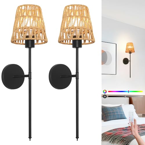Image of Boho Battery Operated Wall Sconce Set of 2, Black Rattan Rechargeable Wall Lights with Dimmable Bulbs and Remote,15 Colors Wireless Wall Lamps for Bedroom Living Room Hallway Decor