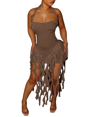 Image of Aro Lora Womens Sexy Halter Neck Sleeveless Ruffle Tassel Party Club Bodycon Mini Dress