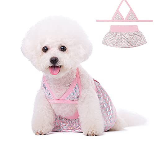 Image of Dog Bikini Swimsuit Summer Doggie Bathing Dress Leopard Rainbow Cat Skirt Beach Outfit for Puppy Dog Cat (XS, Fish Scales)