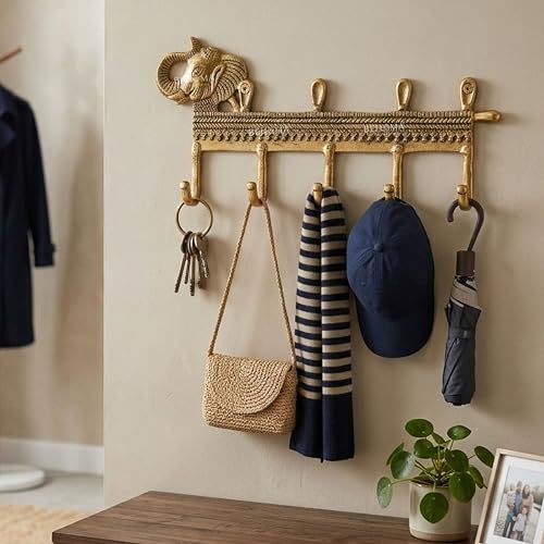 Image of BEHOMA Elephant 5 Hooks Key Holder for Wall, Aluminium, Antique Gold | Decorative Wall Mounted Key Hanger for Home Entryway, Living Room, Office, Durable Heavy Duty Key Organizer