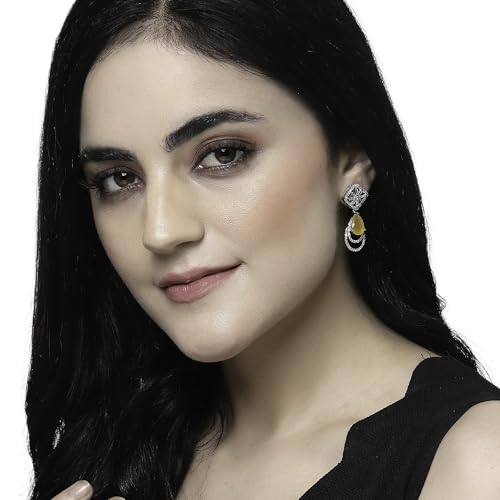 Rhodium-Plated American Diamond Teardrop Drop Earrings