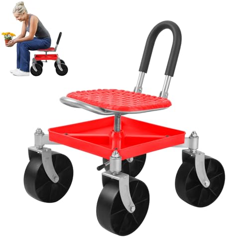 Rolling Garden Seat with Wheels, Height Adjustable Gardening Stool 330Lbs Heavy Duty Garden Cart with All-Terrains Wheels & Tool Tray, 360° Swivel Rolling Work Seat for Seniors and Adults (Red)