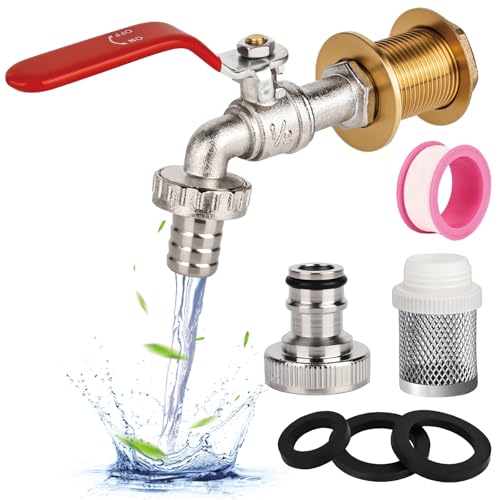 Kugelauslaufhahn 1/2 Zoll Kugel-Auslaufventil Messing Wasserhahn Regentonne Universal Frostsicher Garten Wasserhahn mit Schlauchverschraubung+Filtersieb,Regenwassertank IBC Tank Zubehör