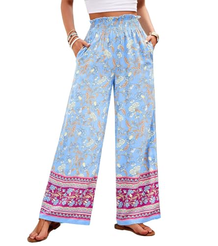 chouyatou Women's Floral Wide Leg Palazzo Pants Boho High Elastic Waisted Beach Flowy Pants with Pockets