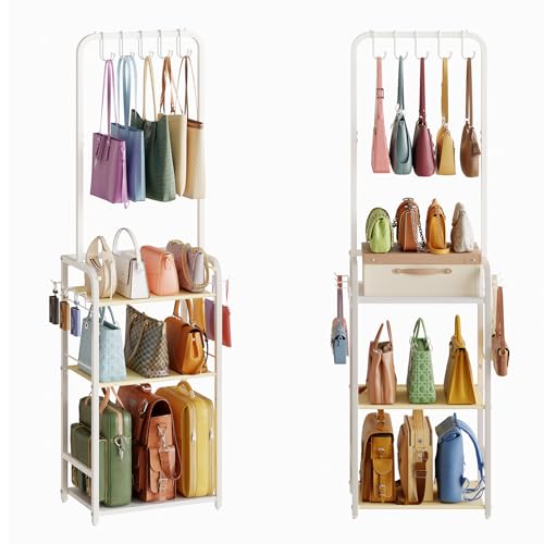 Tall Purse Organizer for Closet with 5 Purse Hanger & 6 Side Hooks, 4 Tier Floor-Standing Purse Rack Stand for Purse Storage, Narrow & High-Capacity Handbag Organizer, Backpack Storage for Small Place