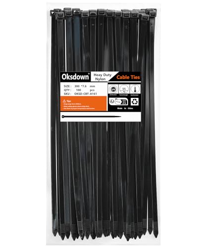 Oksdown 100 Pack Black Thick Cable Ties Heavy Duty Large 300mm×7.6mm Strong Nylon Plastic Self Locking 12 inch/30 cm Zip Tie Wraps