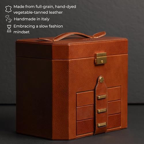 Image of Time Resistance Leather Jewelry Box - Full Grain Leather Jewellery Organizer - Lock Box for Women (Cognac Brown)