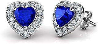 DEPHINI - Blue Heart Earrings 925 Sterling Silver CZ Crystal Pendant Fine Jewellery Stud Earrings Rhodium Plated Cubic Zirconia
