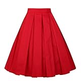 Girstunm Women's Pleated Vintage Skirt Floral Print A-line Midi Skirts with Pockets Red M