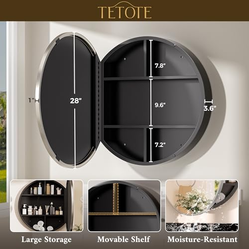 Image of TETOTE Bathroom Mirror Cabinet 28 x 28 Brushed Nickel Round Bathroom Medicine Cabinet with Mirror Adjustable Shelves Farmhouse Wall Mirror with Storage Surface Mounted