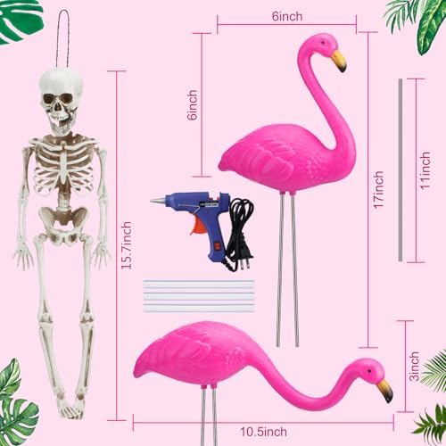 41ZsSvbNOqL._AC_ Simgoing Pack of 8 Pink Flamingos and Skeleton Decorations, Pink Flamingo Yard Ornaments, Outdoor, 16" Skeleton Decoration, 17" Flamingo Statue, Body Plastic, Skeleton Props,