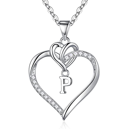 TINGN Heart Initial Necklaces for Women, 14K White Gold Plated Initial P Pendant Necklace Dainty Letter Necklaces Silver Heart Necklace for Girlfriend Jewelry for Women Teen Girls Gifts