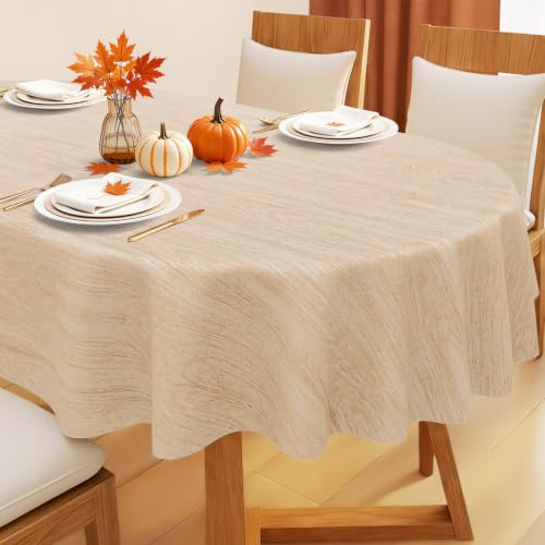 Smiry Oval Table Cloth, Waterproof Vinyl Tablecloths with Flannel Backing, Wipeable Spillproof Plastic Wood Grain Table Cover for Dining, Indoor and Outdoor (Beige, 60"x84")