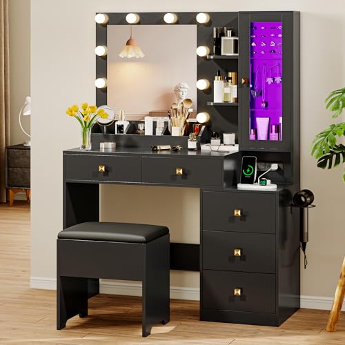 Image of Vanity Desk with Mirror and Lights, Makeup Vanity Table Set with 5 Storage Drawers, Power Outlet & Chair, Small Dressing Table with RGB Ambient Light, Adjustable Brightness for Girls Bedroom, Black
