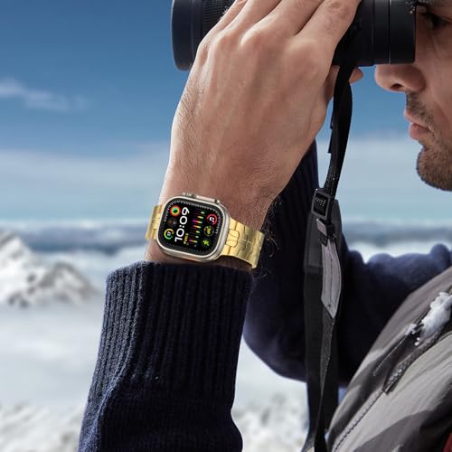 Image of MioHHR Stainless Steel Bands for Apple Watch 49 /46 /45 /44 /42mm(Series 3 /2 /1) | Adjustable Metal Strap Band for Men, fits iWatch Series 11 10 9 8 7 6 5 4 3 2 1, SE3, SE2, SE, Ultra 3 /2 /1, Gold