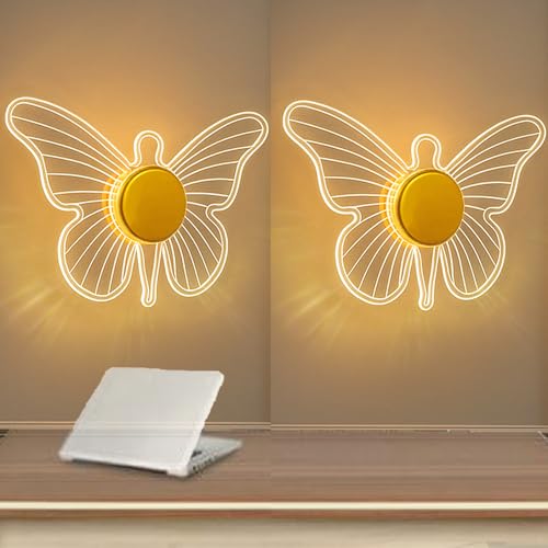 Image of Lampmaster Golden Butterfly LED Wall Light | 3 Color Modes Acrylic Wall Sconce for Bedroom, Living Room, Kids Room, Vanity, Decorative Modern Wall & Ceiling Lamp | Pack of 2