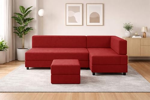 Image of Leg Sofa Cum Bed with Ottoman | Jute Fabric | Multipurpose Folding 3 Seater Sofa Bed 5x6 Ft for Living Room | Space Saving Furniture | Modern Design - Red