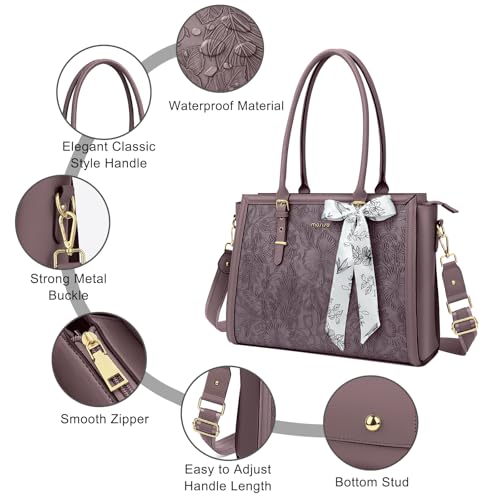 Image of MOSISO Laptop Bag for Women, PU Leather Tote Bag, Front Embossed Retro Hibiscus Computer Bags with Silk Scarf&Clutch Purse