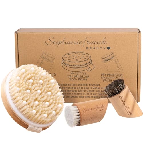 Stephanie Franck Beauty - Set de 3 Cepillos Corporal y Facial – Dry Body Brush & Face Set – Cepillo Seco para Exfoliación y Drenaje Linfático – Cuidado Natural – Regalo Bienestar Navidad