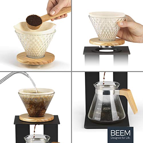 BEEM POUR OVER sada na přípravu kávy – 4 šálky | skleněný ruční filtr v diamantovém vzhledu (velikost 2), skleněná konvice 0,5 l s víkem, dřevěné aplikace | manuální umění vaření kávy pro obzvlášť jemné aroma kávy