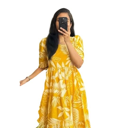 Women's Floral Printed Layered Puffed Elbow Sleeves Boho Maxi Dress-image-40