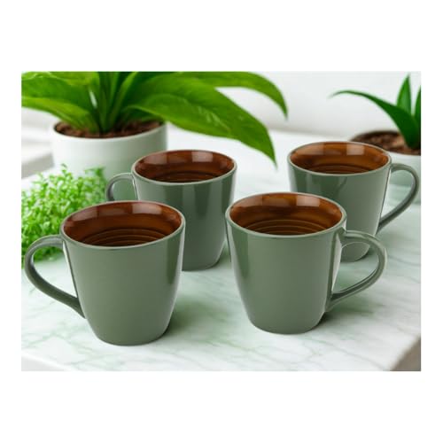 Image of Bodhi House Handcrafted Ceramic Coffee Mug Set of 4 Pieces (350 Ml), Stoneware Tea Cup, Microwave Safe Large Milk Mug, Glossy Finish, Ideal for Daily use, Casual Gatherings and Gifting, Forest Green