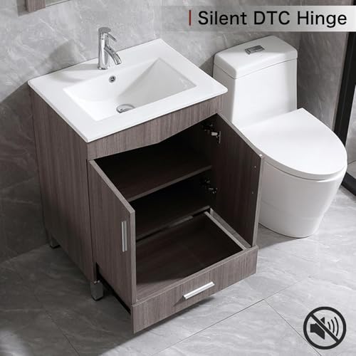 wonline 24\" Bathroom Vanity with Sink Combo/Mirror Vanities Set Cabinet with Undermount Top Ceramic Vessel Sink Chorme Bathroom Storage Cabinet Wood Color
