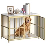 HOOBRO 38.6" Dog Crate Furniture, Wooden Dog Kennel Indoor, Heavy Duty Dog Cage for Small/Medium Dog, Decorative Side End Table, White and Gold DW100GW03