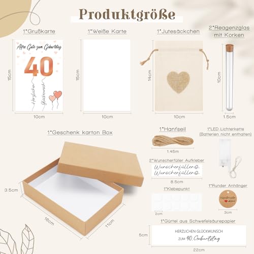 Shining She 40 Geburtstag Frauen Geldgeschenke, Geldgeschenke Verpackung mit Reagenzglas Jutesäckchen LED-Lichterkette Trockenblumen, Lustige Geschenke zum 40 Geburtstag Frau Mutter Freundin