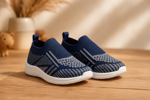 Image of Slip-On Knit Sneakers, Navy Blue, Lightweight Walking Shoes, White Sole