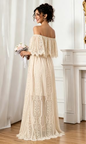 Image of HOYISHION Women's Off The Shoulder Floral Lace Maxi Dress White Bridesmaid Wedding Party Maternity Photoshoot Long Dresses