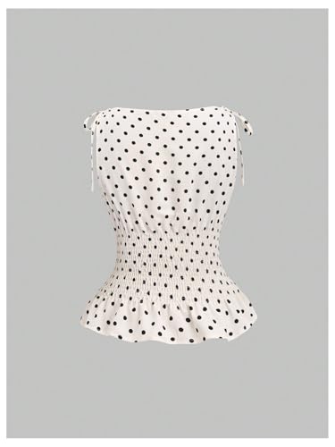 GORGLITTER Women's Polka Dots Boat Neck Tank Top Ruffle Tie Shoulder Smocked Going Out Y2k VestTops2