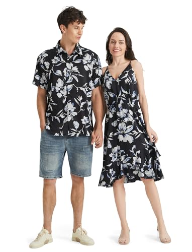 Image of PATPAT Couples Matching Outfits Hawaiian Women Dresses & Men Shirts | Matching Cruise Outfits for Couples, Beach Vacation Outfits, Spaghetti Strap Midi Sundress, Men Boho Tropical Print Shirt