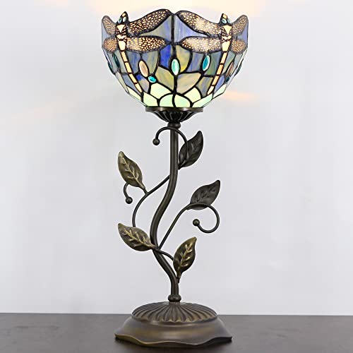 Rhlamps Small Tiffany Table Lamp 8" Sea Blue Stained Glass Dragonfly Style Shade 19" Tall Antique Vintage Metal Leaf Base Mini Bedside Accent Desk Torchiere Uplight For Living Room Bedroom #TOP4