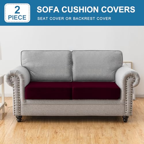 Image of Couch Cover Stretch Velvet Sofa Cushion Cover 2-Piece - Elastic Washable Slipcover for Seat /Backrest, Couch Seat Covers for Sofas (Wine)