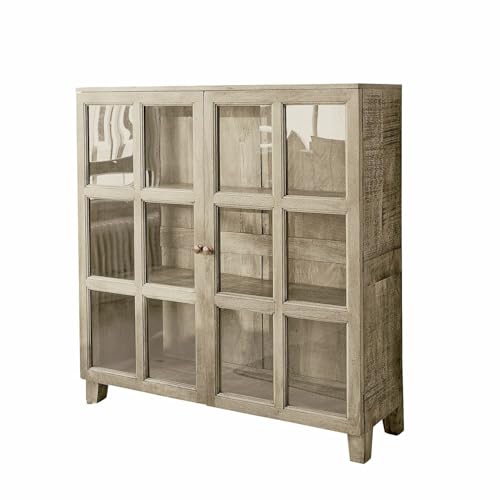 Loberon Stoneham Commode avec portes en verre aspect fenêtre à barreaux, trois compartiments intérieurs, design rustique rural, rangement, commode en bois...