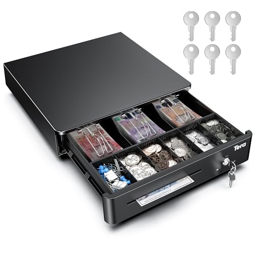 Tera 13 Cash Register Drawer Box with 6 keys 3 Bill 6 Coin Cash Tray 35.6 x 33 x 9 cm for Point of Sale (POS) System Removable Coin Compartment 12V RJ12 Key-Lock Media Slot for Stores Businesses 330R