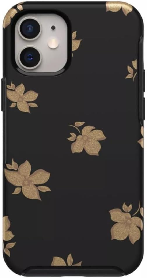 OtterBox Symmetry Series iPhone 12 Mini Case - Once & Flor-AL Black and Gold Flower Design, Apple Phonecase, Slim Fit, Raised Screen Bumper, Wireless Charging Compatible