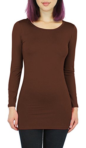 Basic Damen Langarmshirt Thermo Longshirt Frauen angeraut/Innenfutter Langarm T-Shirt Shirtkleid - 10 Farben - LD003 (S/M - 36/38, Braun) Cover
