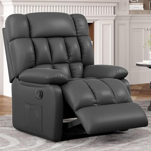 Image of Oversized Recliner Chair, Leather Adjustable Recliner with Side Pockets, Living Room Reclining Lounge Chair for Adults, Small Spaces Comfy Sofa with Theater Seating for Bedroom, Black