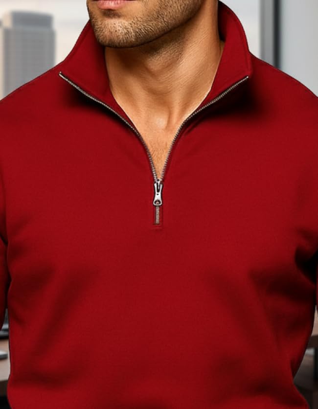 Image of Quarter Zip Pullover Sweatshirt, Classic Long Sleeve Mock Neck, Available in Burgundy, Black, Light Blue