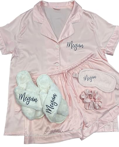 Personalized Luxury Pajama Set for Women with Sleeping Mask & Scrunchie - 2 pieces PJs - Satin Bridesmaids Pajamas