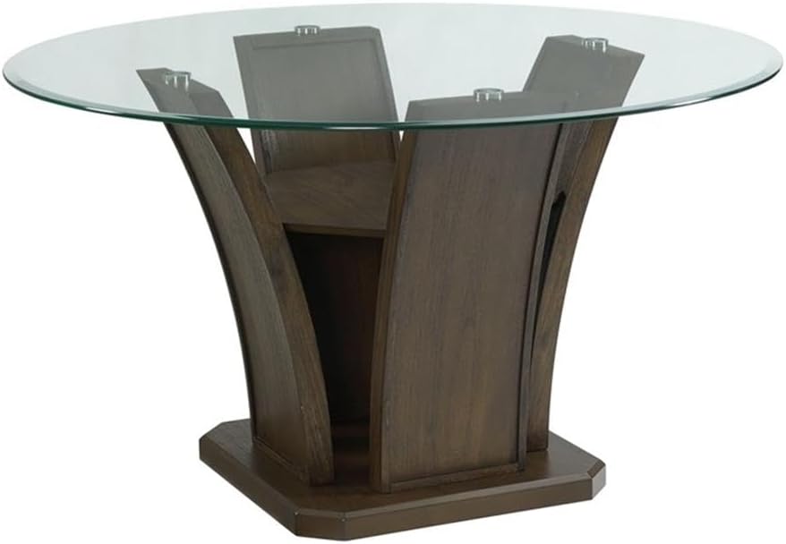 Pemberly Row Round Dining Table, 30''H x 54''W x 54''D, Glass Top with Pedestal Base, Dark Walnut Finish, Transitional Style Standard Height Table for Dining Room