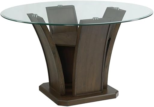 Pemberly Row Round Dining Table, 30H x 54W x 54D, Glass Top with Pedestal Base, Dark Walnut Finish, Transitional Style Standard Height Table for Dining Room